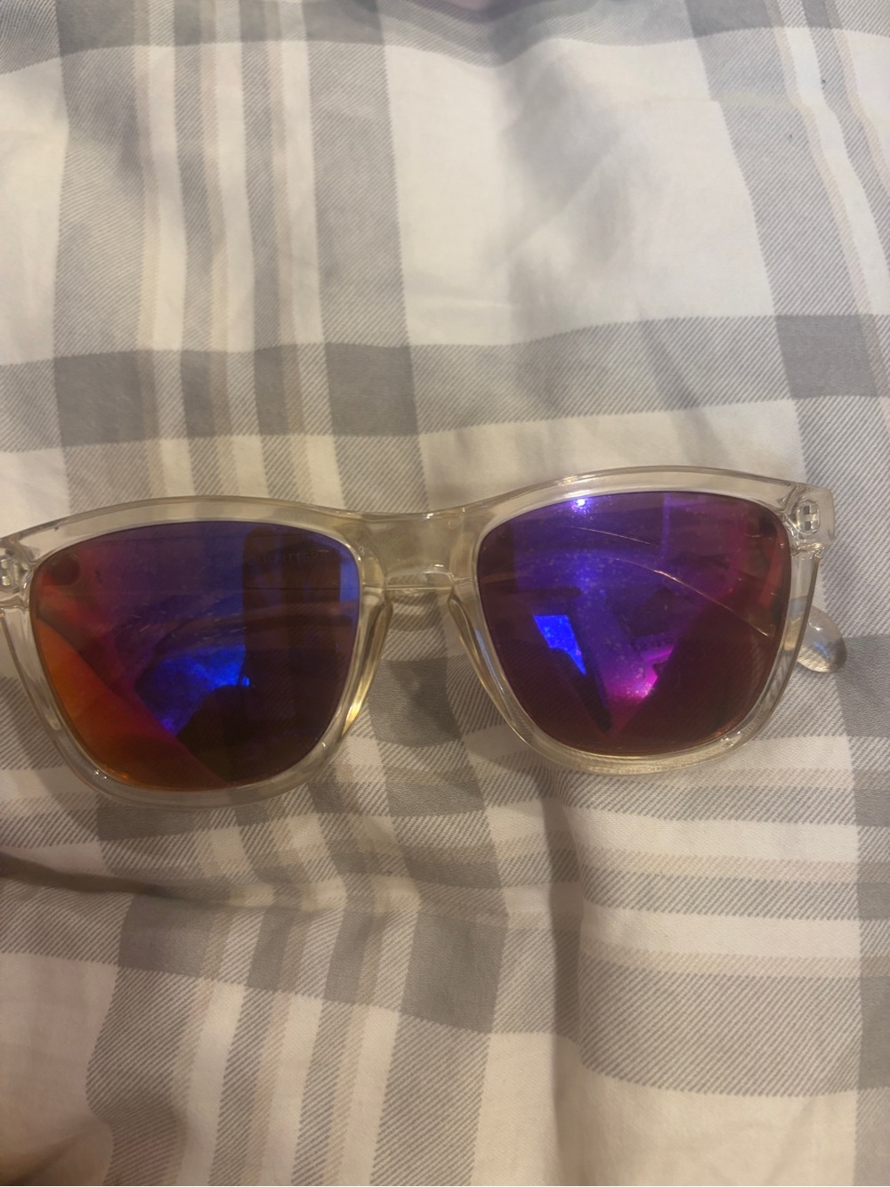 Clear Frame Sunglasses with Purple Mirrored Lenses